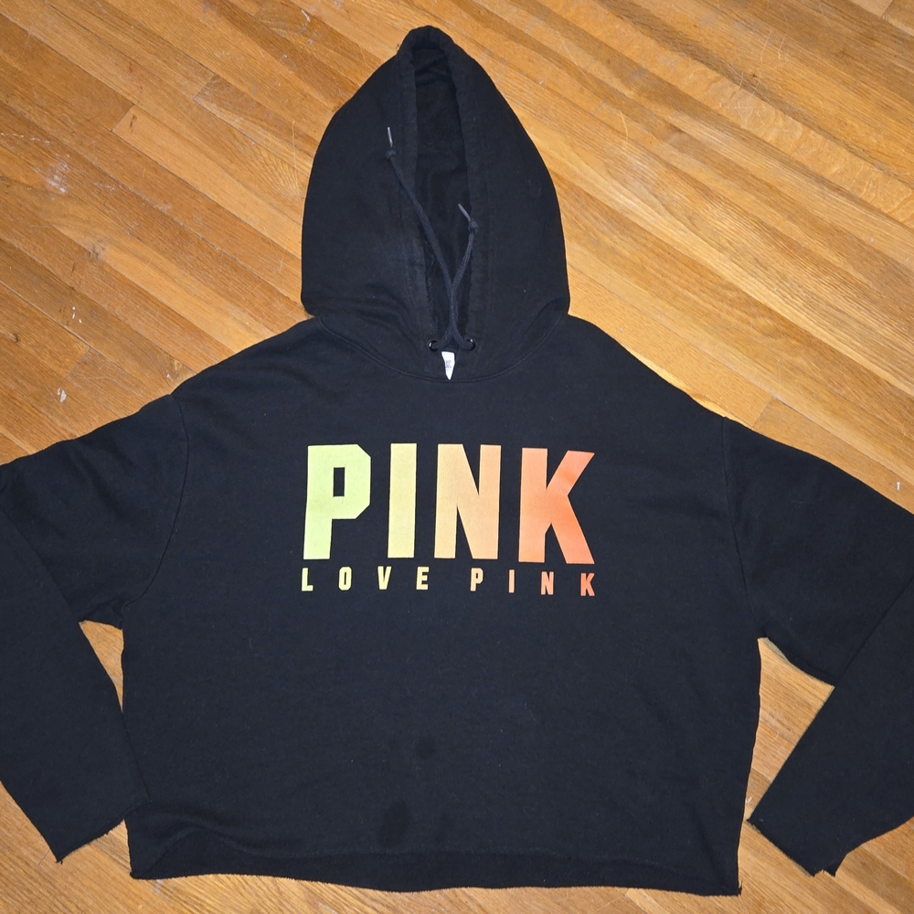 Victoria's Secret PINK Ombre Slit Back Crop Pullover Hoodie Black Large